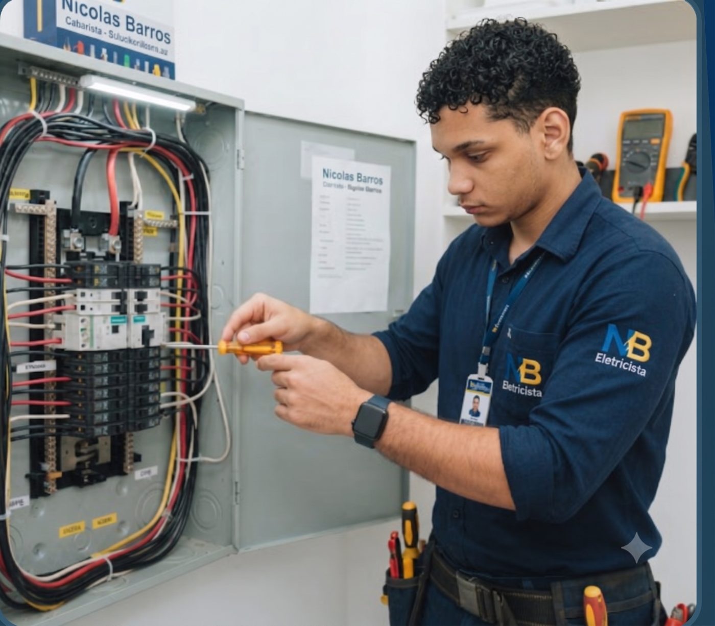 Nicolas Barros realizando manutenção em quadro de disjuntores residencial